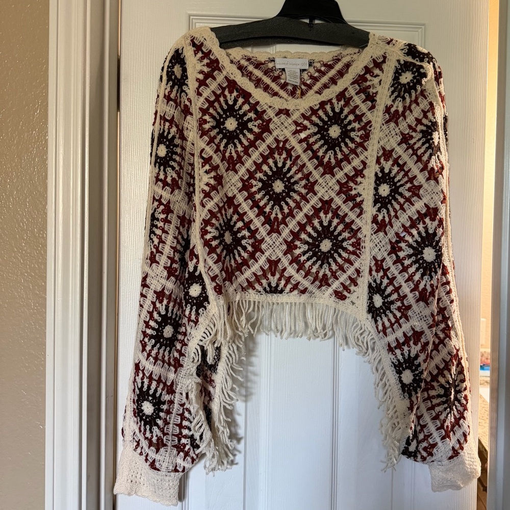 House of Harlow 1960 Cream and Burgundy Crochet Fringe Sweater